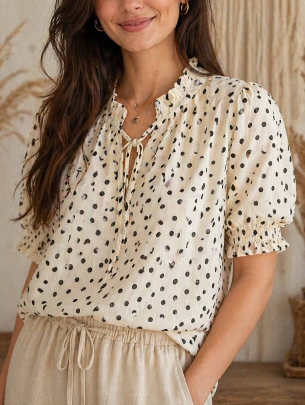 Tamara H Polka Dot Blouse Cream Black Ruffle Neck Tie Front Puff Sleeve Sheer
